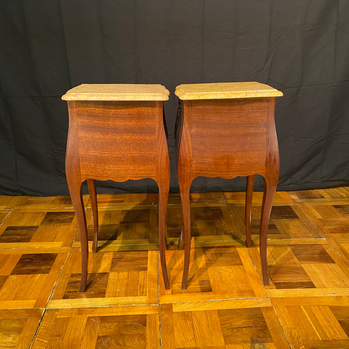 Pair French Louis XV Satinwood Nightstands with Inlaid Marquetry and Marble Tops