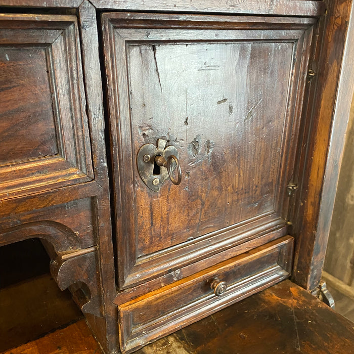 18th Century Spanish Baroque Walnut Bargueno or Vargueno Fall-Front Writing Desk Cabinet Spanish Cabinet "Bargueño" or Vargueno on Stand, Original Wrought Iron and Keys