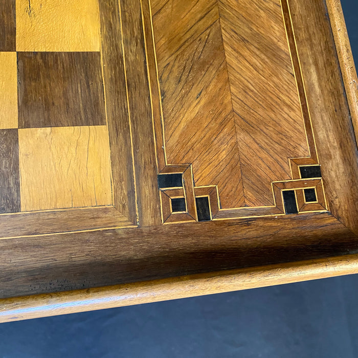 French Louis XVI Walnut Game Table with Reversible Embossed Leather Top, Marquetry Games Play Board and Inlaid Backgammon Board