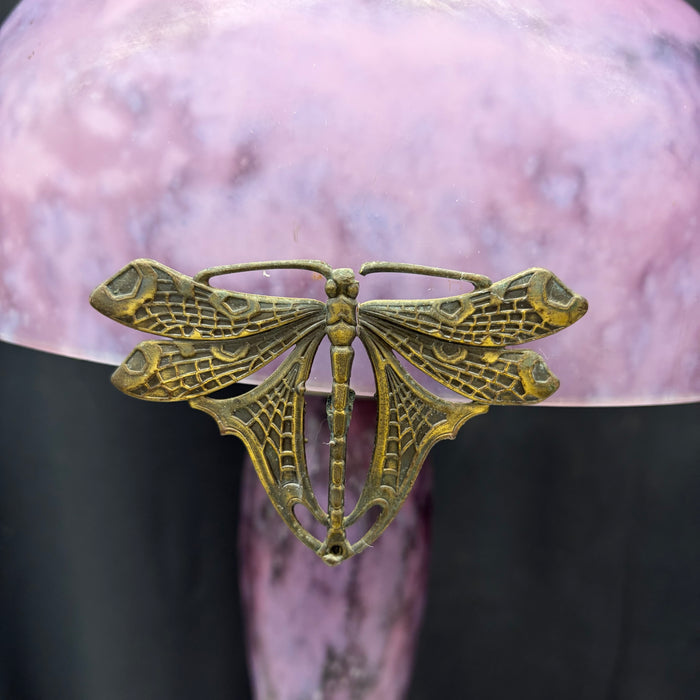 Pair of French La Rochere Art Nouveau Mushroom Table Lamps with Marbled Glass Shades and Bronze Dragonfly Details