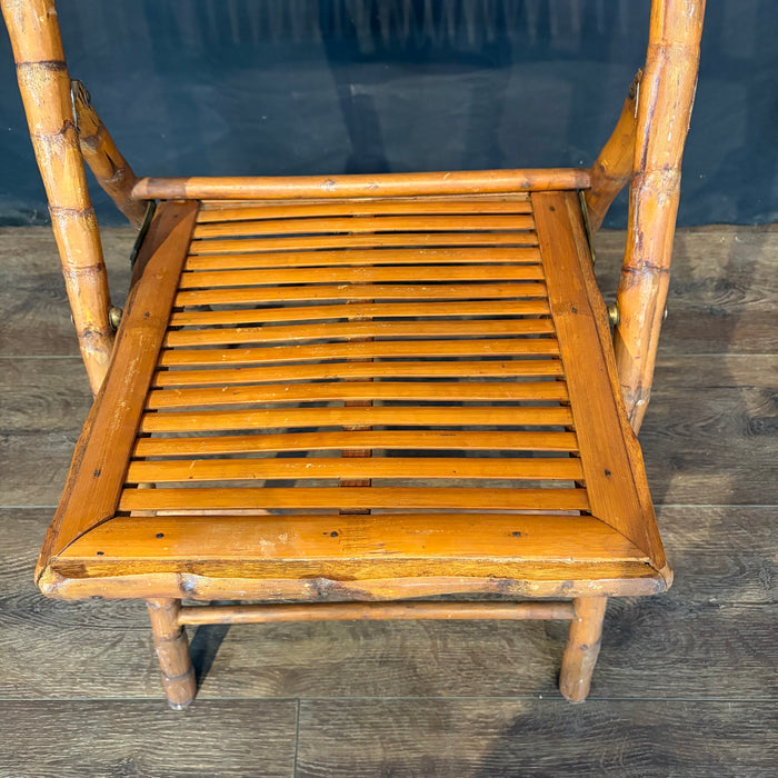 Pair of Midcentury Tortoiseshell Bamboo Folding Chairs with Bamboo and Rattan Tray Table