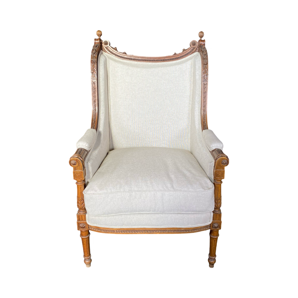 French 19th Century Louis XVI Exquisitely Carved Elegant Walnut Bergere, Armchair or Wing Chair with New Upholstery