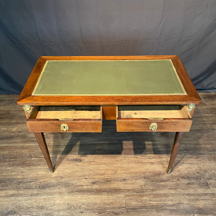 French Antique Embossed Leather Top Desk with Two Drawers and Original Key