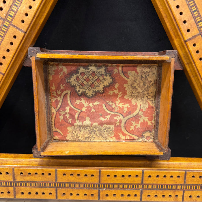 Antique Inlaid Triangular Cribbage Board with Integrated Card Holder
