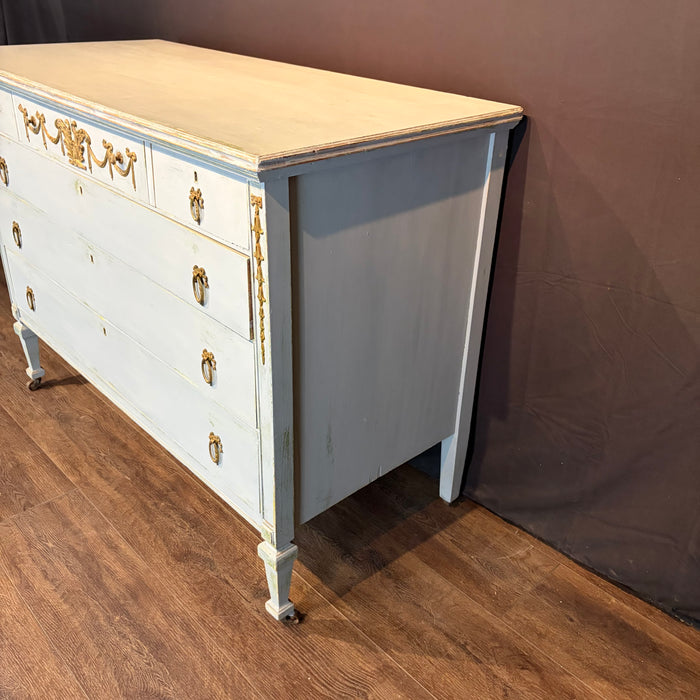 French Louis XVI Style Painted Blue Chest of Drawers with Gilt Bronze Mounts