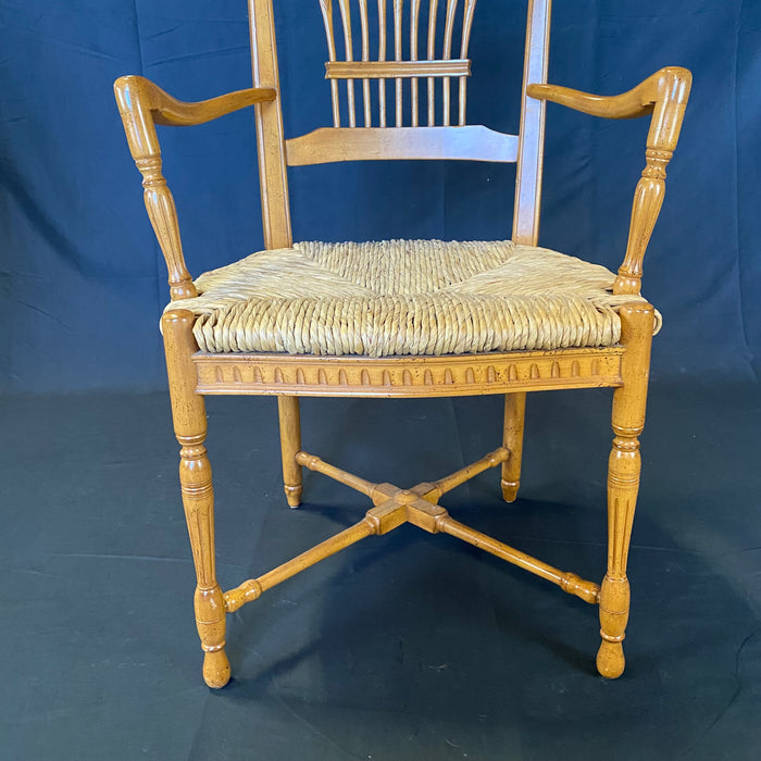 French Provincial Style Rush Seated Wheat Sheaf Arm Chairs or Dining Chairs, Set of 6