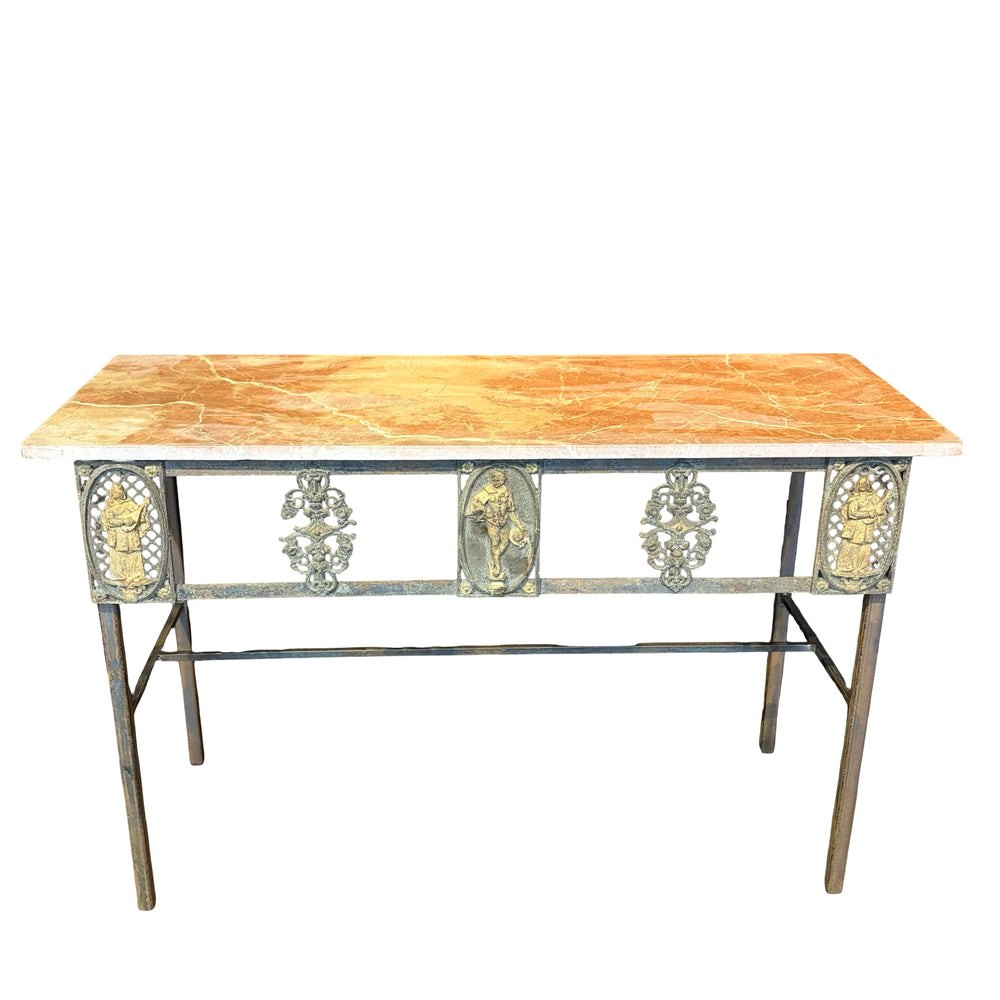 Antique French Balcony Console Table with Marble Top & Figural Wrought Iron Panel