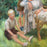 Impressionist Oil Painting: Listed Maine Artist Emily Muir (1904–2003) Large Figural Garden Scene with Mother and Children, Oil on Canvas