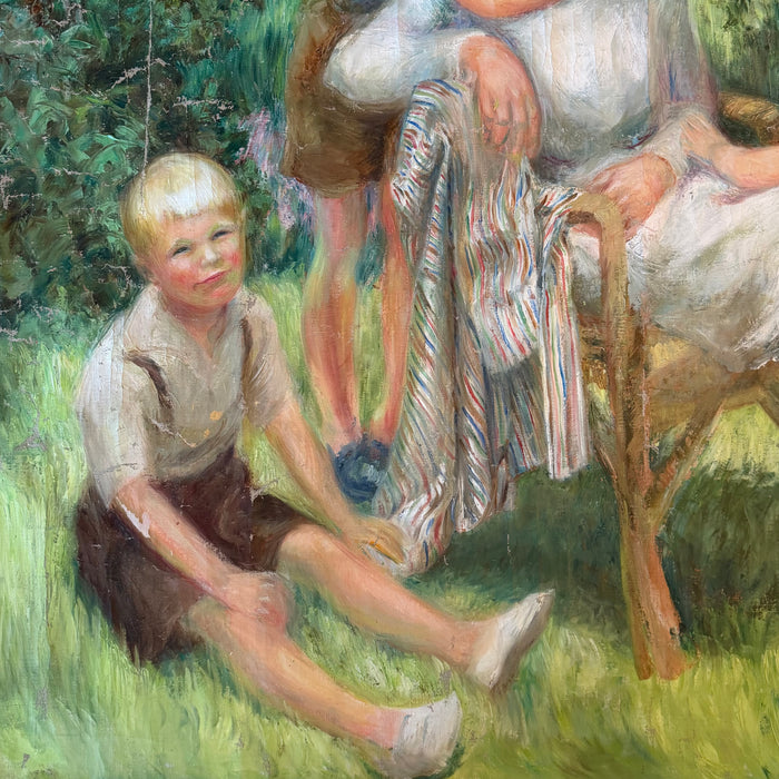 Impressionist Oil Painting: Listed Maine Artist Emily Muir (1904–2003) Large Figural Garden Scene with Mother and Children, Oil on Canvas