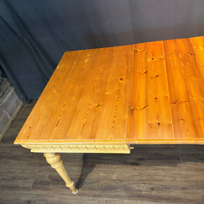 Swedish Gustavian Style Pine Extension Dining Table with Two Leaves and Carved Fluted Apron