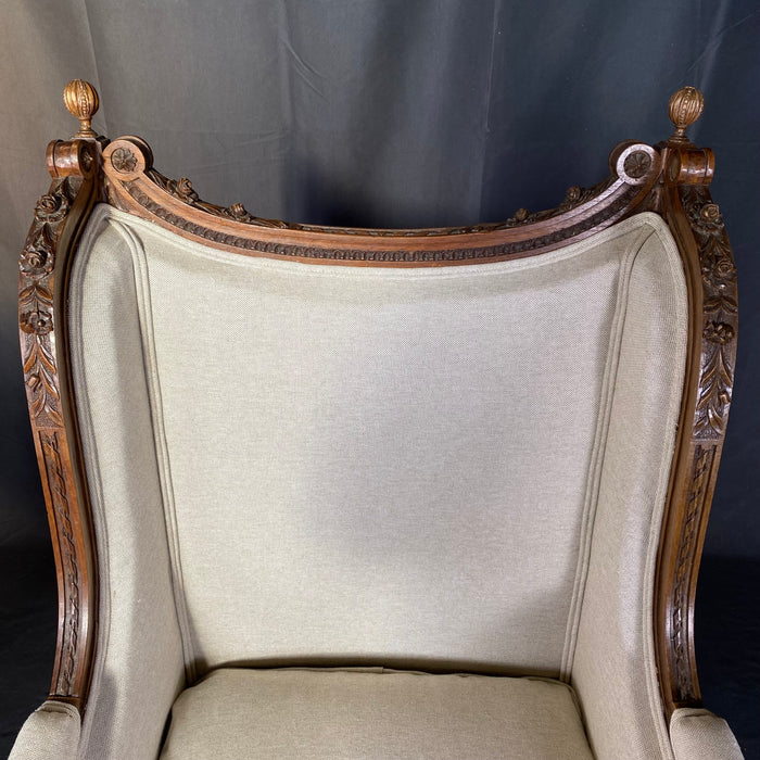 French 19th Century Louis XVI Exquisitely Carved Elegant Walnut Bergere, Armchair or Wing Chair with New Upholstery