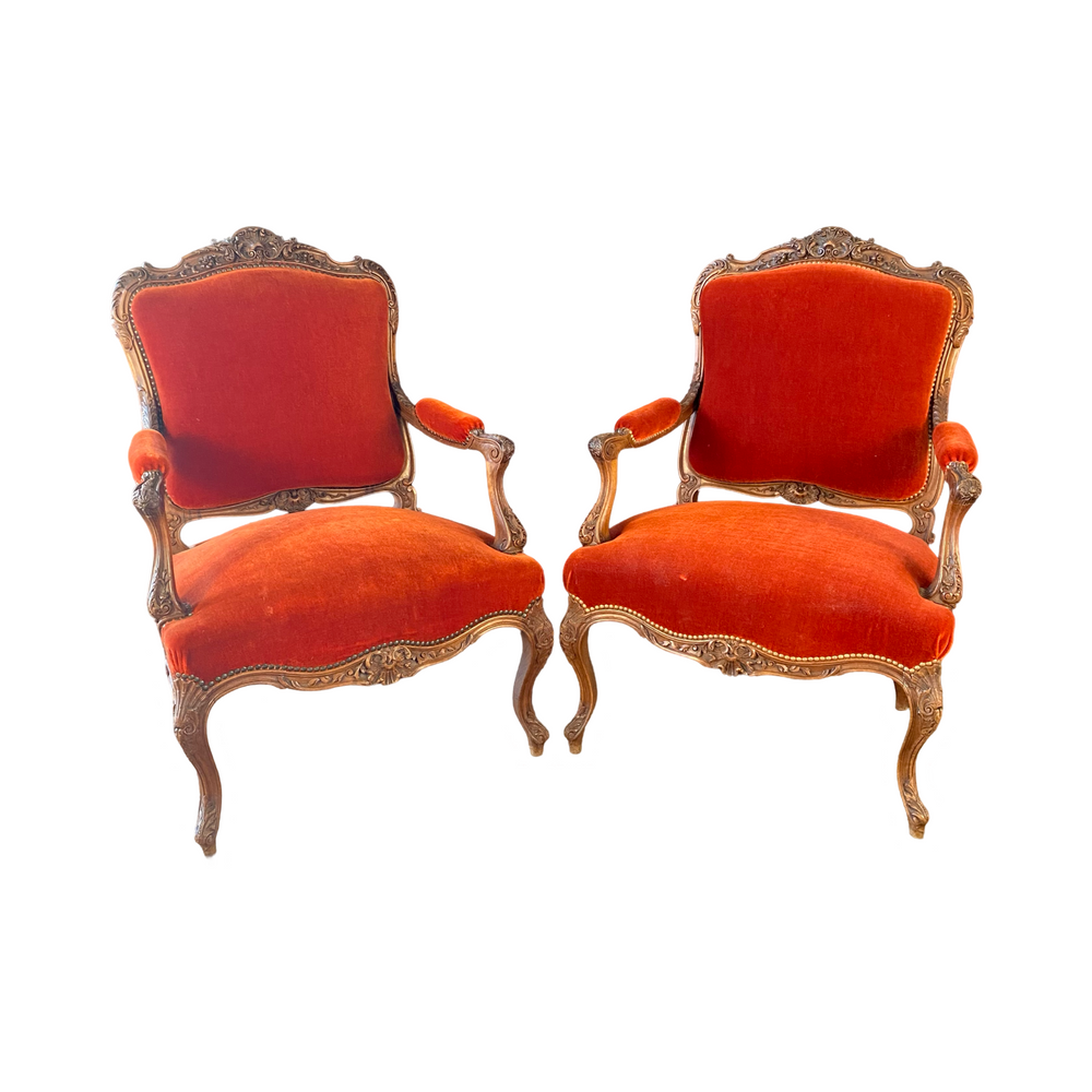 Pair of French Louis XV Intricately Carved Armchairs, Fauteuils or Parlor or Lounge Chairs with Original Fabulous Vermilion Red Mohair