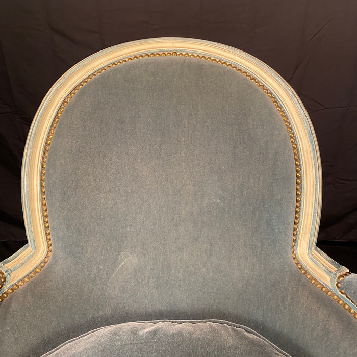 Pair of Antique French Louis XVI Armchairs or Bergere Chairs in Original White Paint and Blue Mohair Upholstery