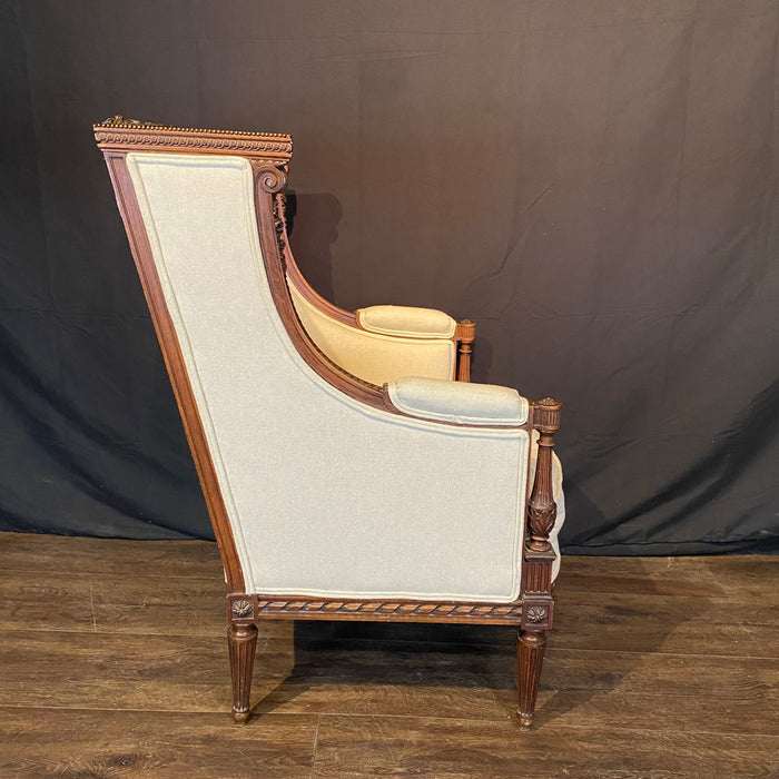 French Louis XVI Armchair or Bergère à la Reine Chair 19th Century Exceptional Carving
