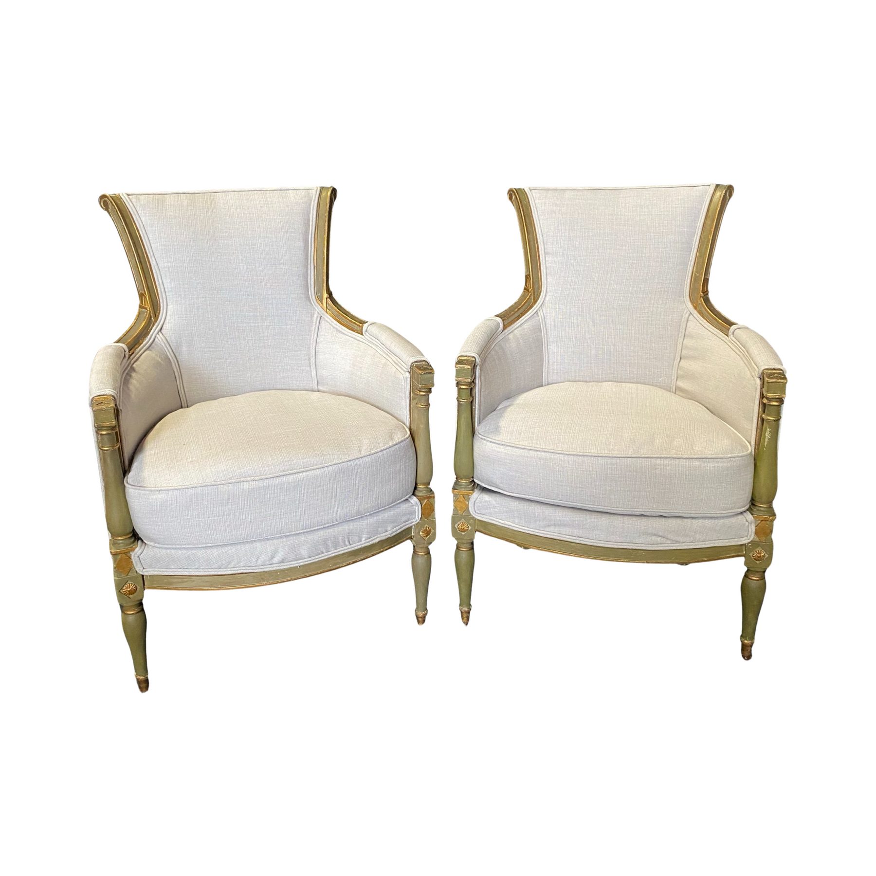 Gorgeous Pair of Louis XVI Antique French Bergeres Gilt & Upholstered Arm  Chairs