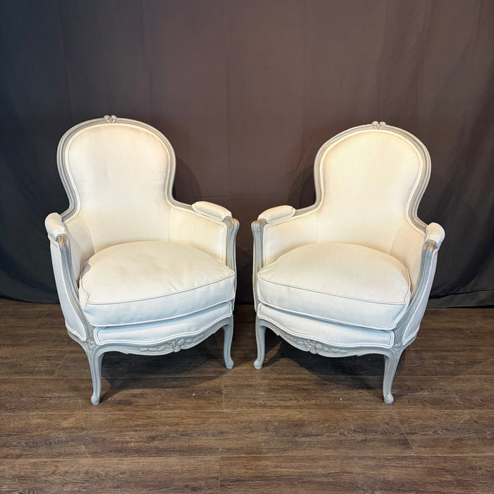 Pair of Antique French Louis XV Painted Bergère Armchairs