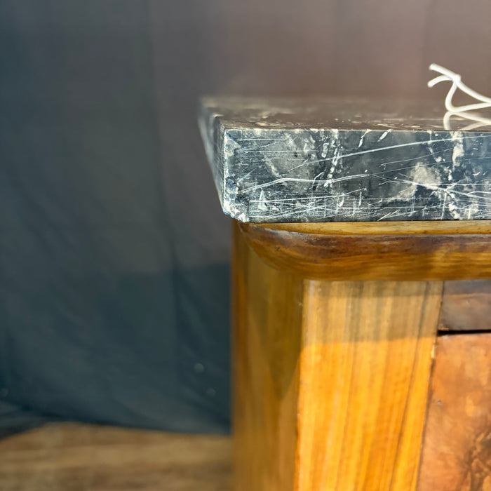 19th Century French Burled Wood Commode, Dresser or Chest of Drawers with Marble Top and Lion Pulls