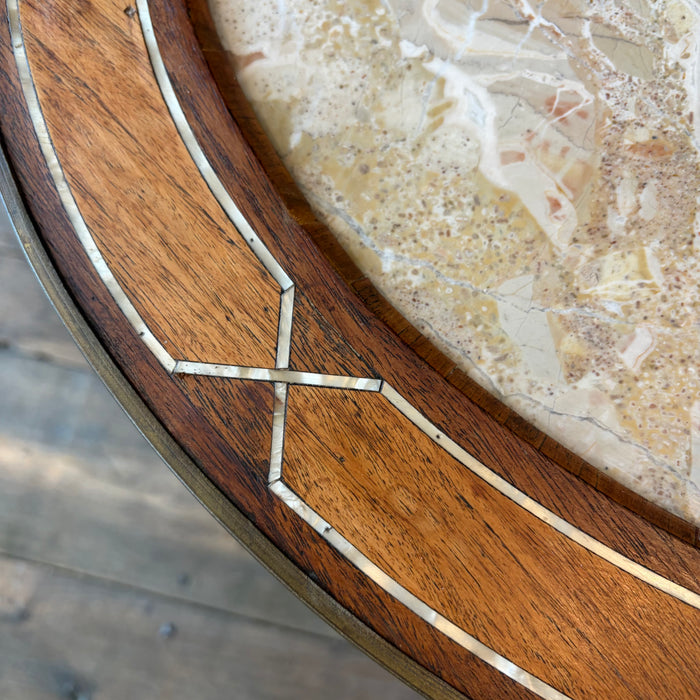 Antique French Louis XV Oval Marble Top Coffee Table, Cocktail or Side Table with Inlay, Marquetry and Bronze Mounts