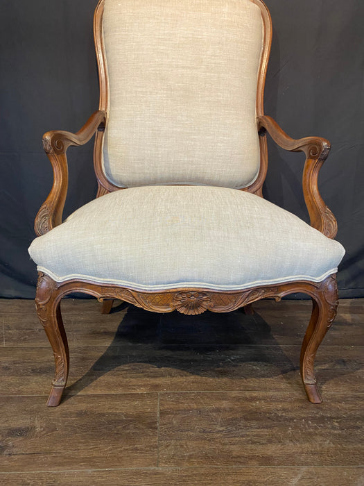 Antique French Pair Louis XV Armchairs or Fauteuils with Fine Carving and New Upholstery