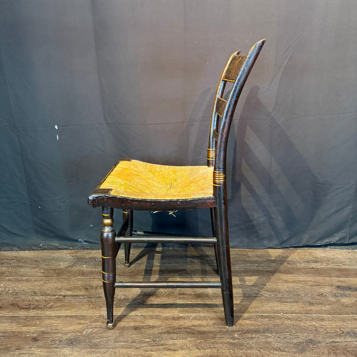 Early 19th Century American Painted Hitchcock-Style Side Chairs with Rush Seats and Gilt Stenciling