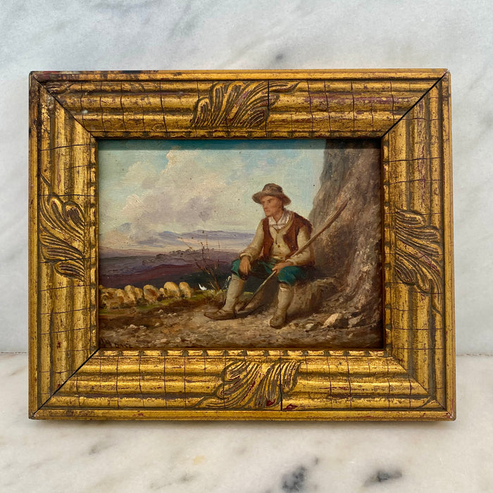 French 19th Century Signed Oil Painting of a Shepherd in Giltwood Frame