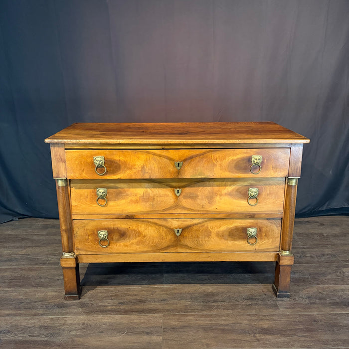 19th Century French Walnut Commode, Dresser or Chest of Drawers with Lion-Head Pulls
