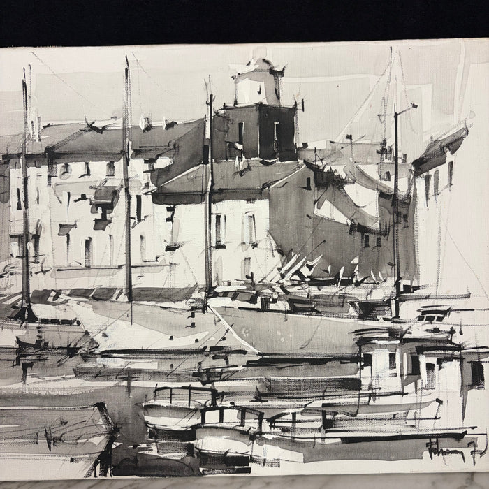 Maritime Harbor Painting with Boats - Nautical Black and White Ink and Oil on Canvas