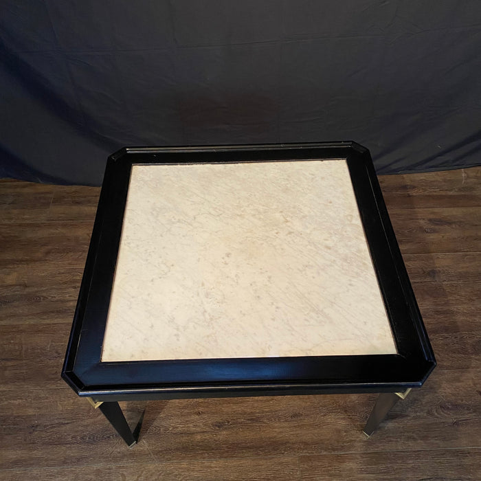 French Neoclassical Carrera Marble Top Ebony Black Coffee Table