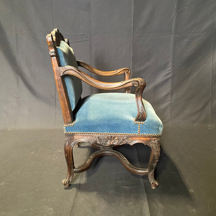 19th Century French Louis XV Chairs with Original Blue Mohair Upholstery: Set of 4 - 2 Armchairs and 2 Side Chairs