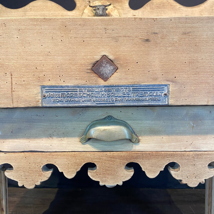 Antique French Butcher’s Block Table With Bull’s Head Mount and Rare Paris Maker's Label Jules Mareschal