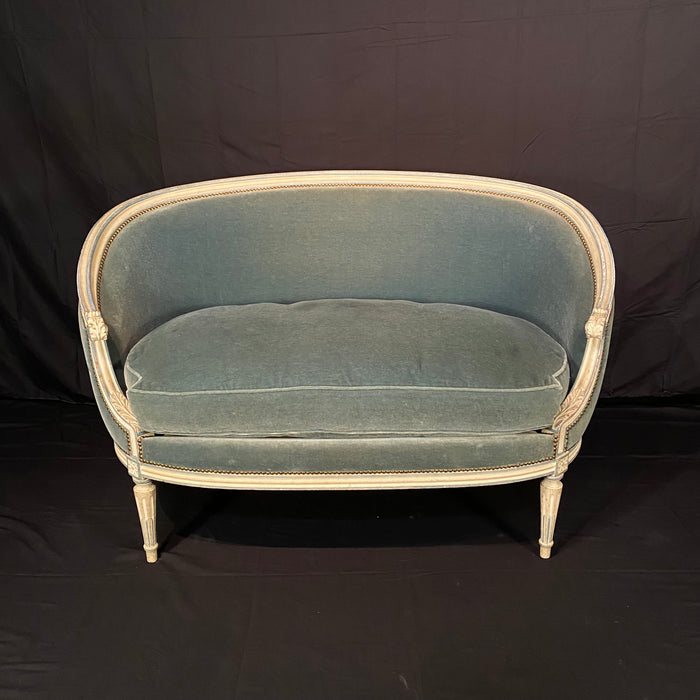 Antique French Louis XVI Sofa, Loveseat or Settee in Original White Paint and Blue Mohair Upholstery