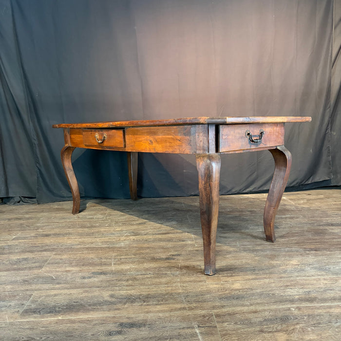 Early 19th Century French Provincial Dining Table with Two Drawers and Cabriole Legs