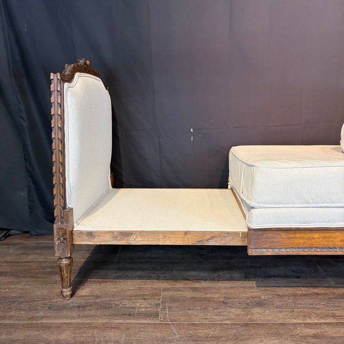 Antique French Louis XVI Carved Walnut Expandable Daybed, Settee and Guest Bed with Neutral Upholstery