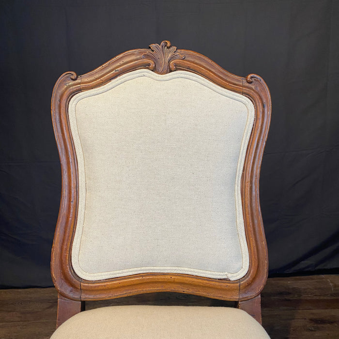 Set of Six Early 18th Century Museum Quality Walnut Carved Italian Dining or Side Chairs with New Upholstery
