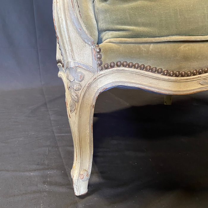 Pair of Period Carved French Louis XV Moss Green Original Mohair Armchairs or Bergeres in Original Paint with Brass Beading