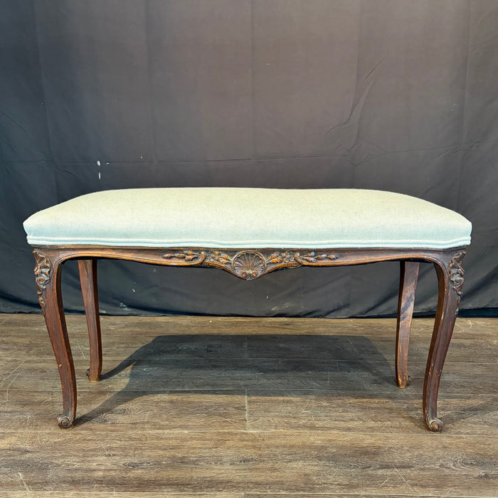 Antique French Louis XV Carved Walnut Bench with New Linen Upholstery
