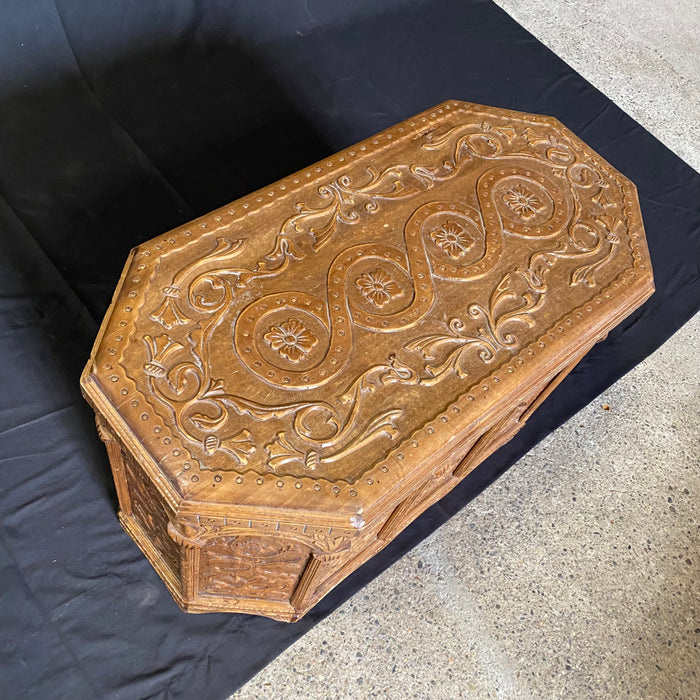 Antique Carved Sarcophagus Coffer, Trunk, Blanket Chest or Coffee Table