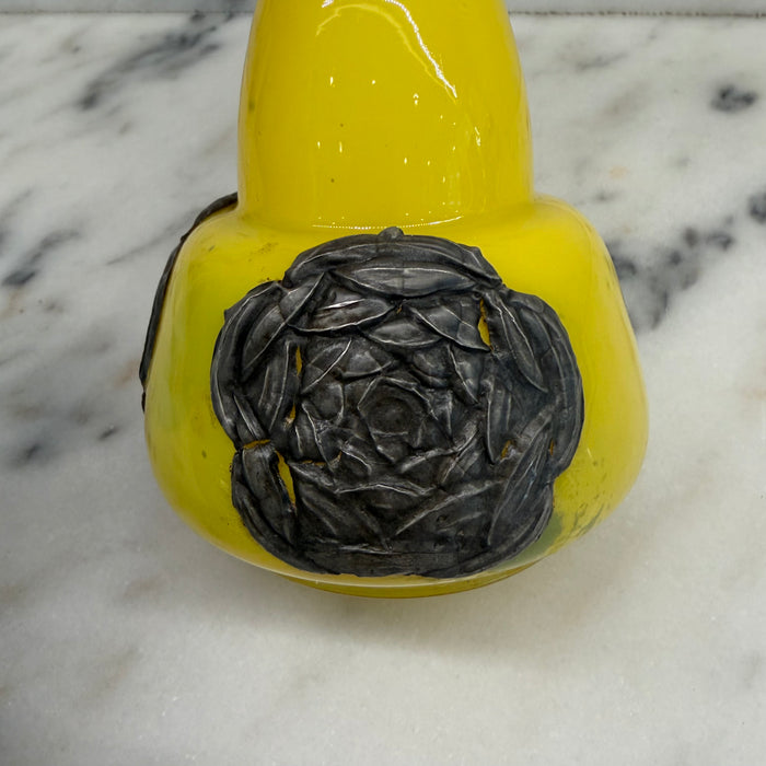 French Art Nouveau Vase Yellow Glass with Pressed Silver Floral Mounts