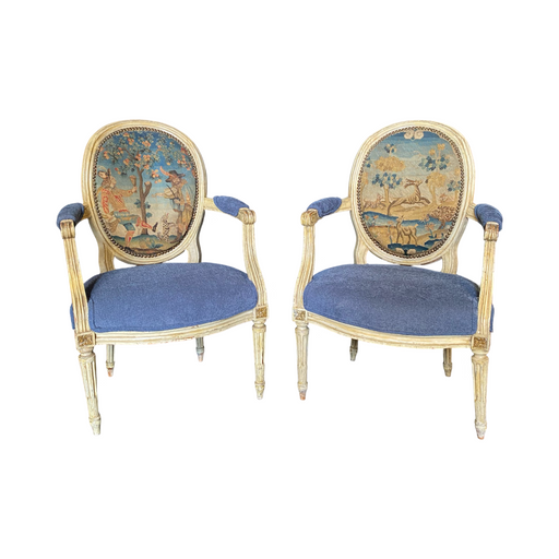 Pair of Early French Louis XVI Painted Armchairs or Fauteuils with Stunning Blue Aubusson Hunting Tapestry