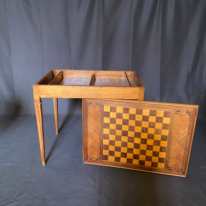 French Louis XVI Walnut Game Table with Reversible Embossed Leather Top, Marquetry Games Play Board and Inlaid Backgammon Board