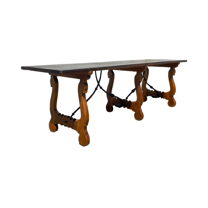 18th Century Early Spanish Plank Top Dining Table with Metal Work over 8 Feet Long