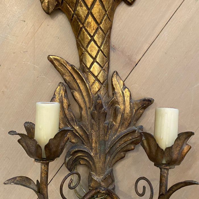 Pair of French Carved Giltwood Two-Light Wall Sconces with Diamond-Carved Urn Motifs