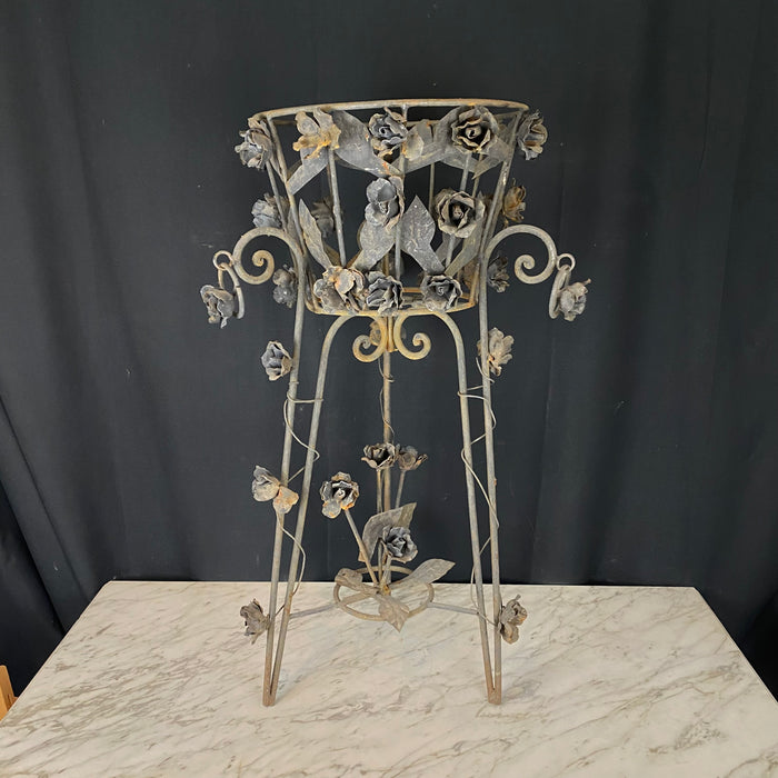 Pair of French Wrought Iron Jardiniere Plant Stands with Floral Accents