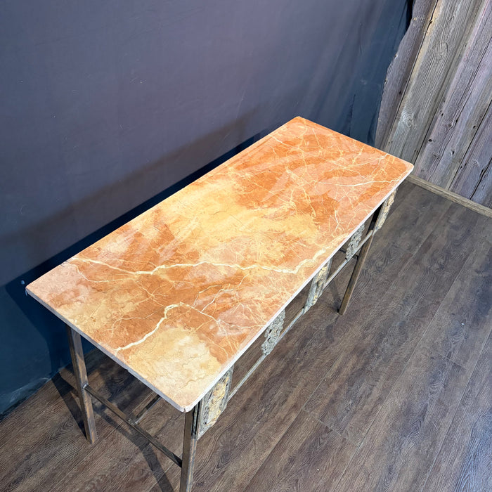 Antique French Balcony Console Table with Marble Top & Figural Wrought Iron Panel