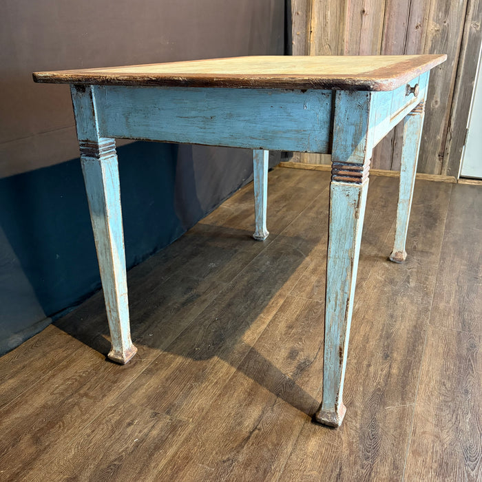 Antique French Provincial Painted Table or Desk with Drawer, Pale Blue Patina