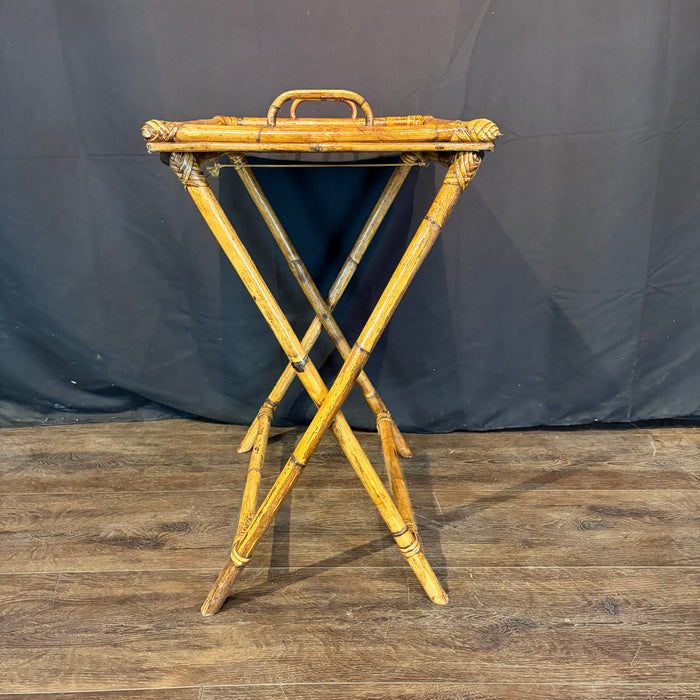 Pair of Midcentury Tortoiseshell Bamboo Folding Chairs with Bamboo and Rattan Tray Table
