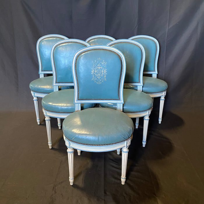 Fine Set of 6 Blue Leather Gold Embossed French Louis XVI Painted Dining Chairs