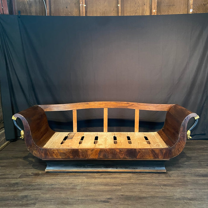 Period French Empire Mahogany and Ebony Gilded Neoclassical Sofa with Carved Gold Swan Figurines
