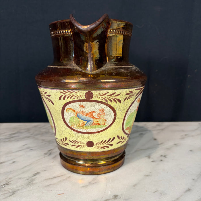 19th Century English Copper Lustreware Pottery Pitcher Jug with Classical Handpainted Figural Decoration