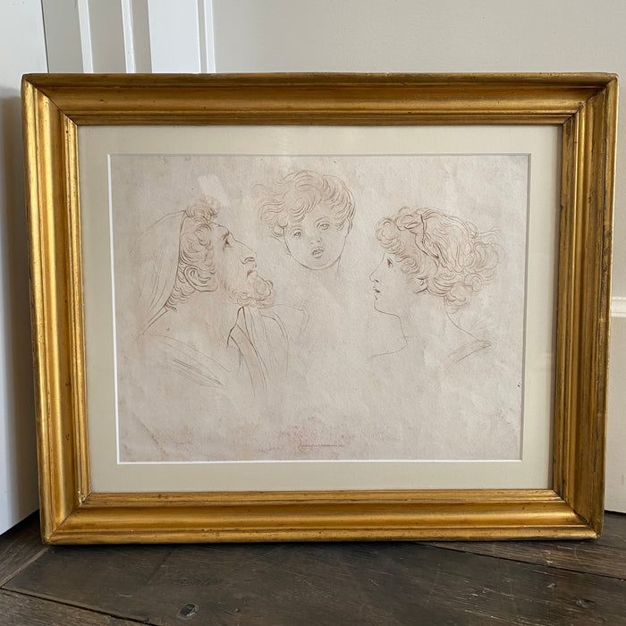 1820 Framed British Artwork Drawing of an Angel Child and Couple in Gold Frame